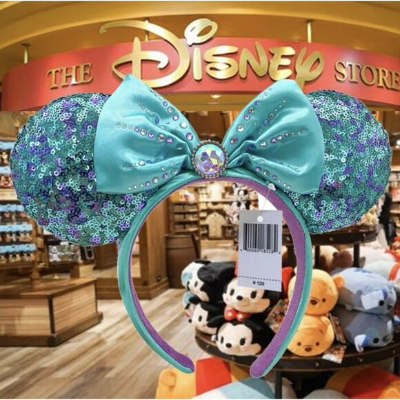 Little Mermaid Minnie Mouse Blue Sequin Ears Disney Parks Headband Rhinestones - Picture 1 of 9